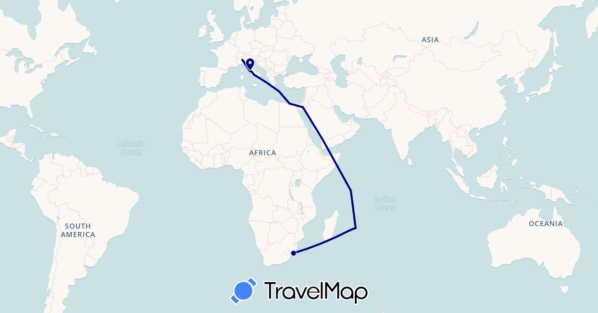 TravelMap itinerary: driving in Egypt, France, Greece, Italy, Jordan, Mauritius, Seychelles, South Africa (Africa, Asia, Europe)